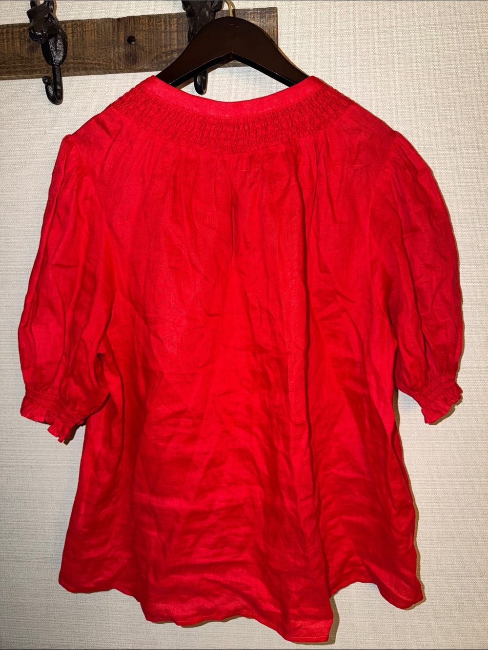 Boden linen Bright Red Button-Front Puff Sleeve Blouse - Picture 4 of 5